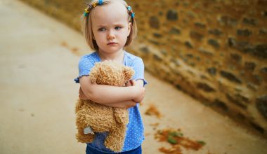 unhappy little girl on the street