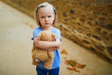 unhappy little girl on the street