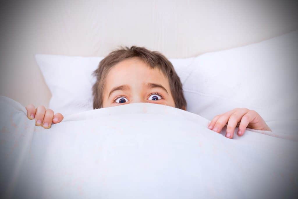 boy hiding under blanket