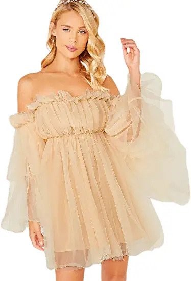 nude shoulder flounce dress