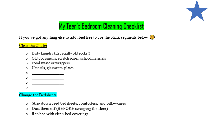 teenage bedroom cleaning checklist