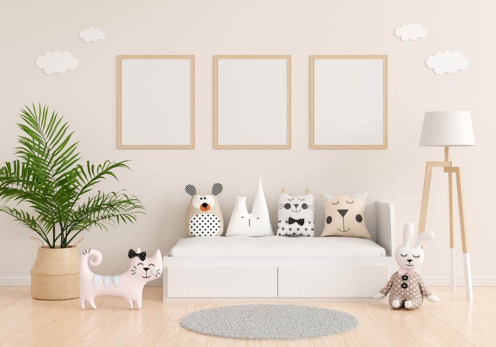 baby's room with plushies and lamp