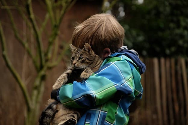 kid hugging a cat