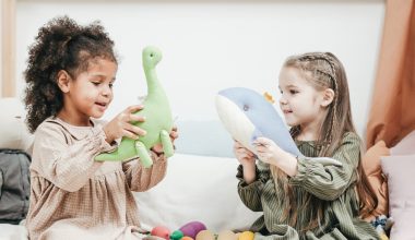 two little girls playing with stuffed toys