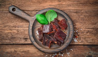 beef jerky on wooden pan