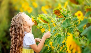girl smelling sunflower