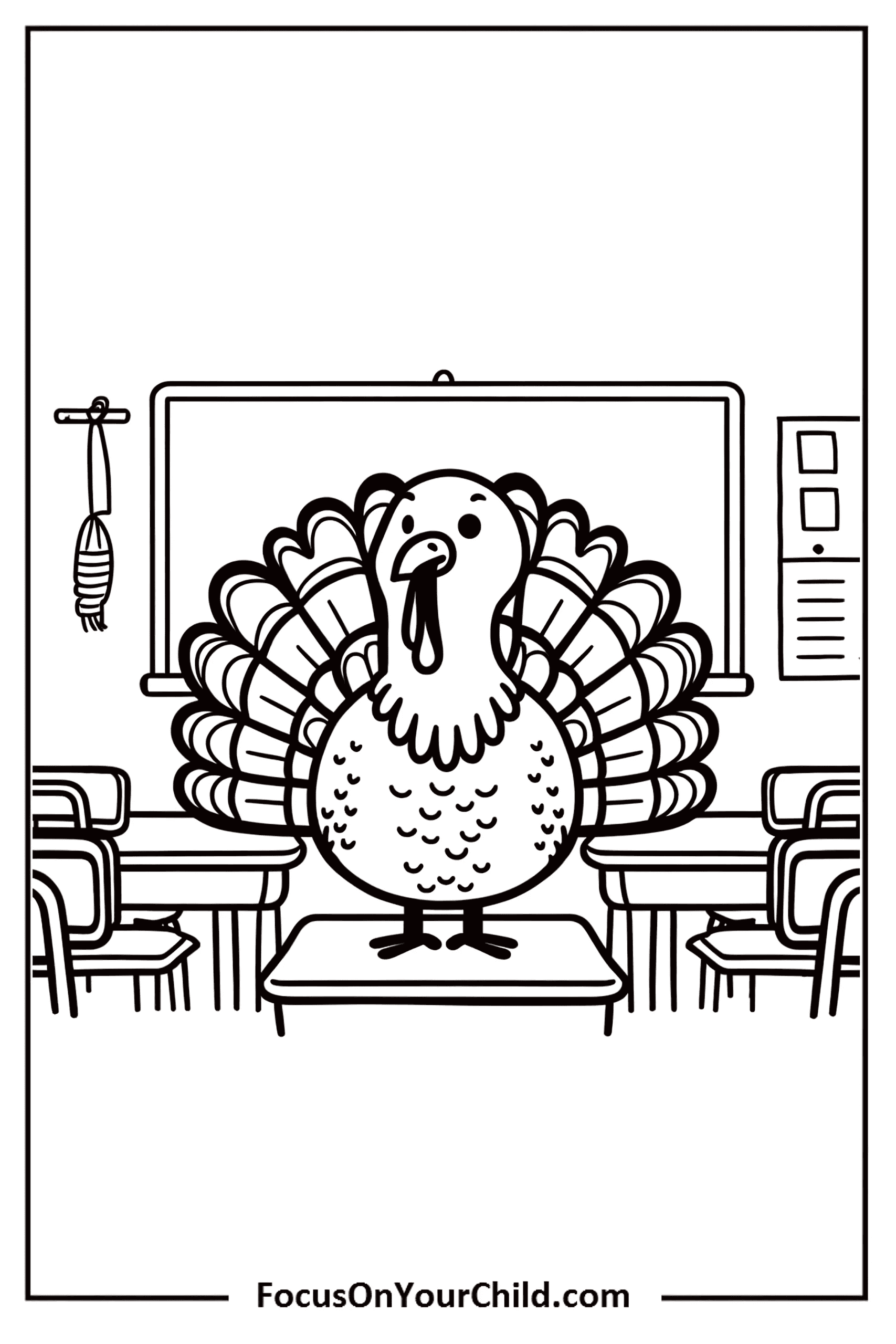 Funny turkey teacher in classroom scene with chalkboard and desks.