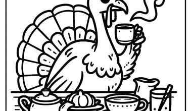 Whimsical turkey enjoying a tea party with croissant, scone, and hot beverage.