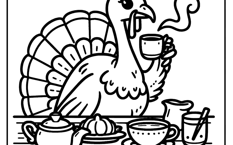 Whimsical turkey enjoying a tea party with croissant, scone, and hot beverage.