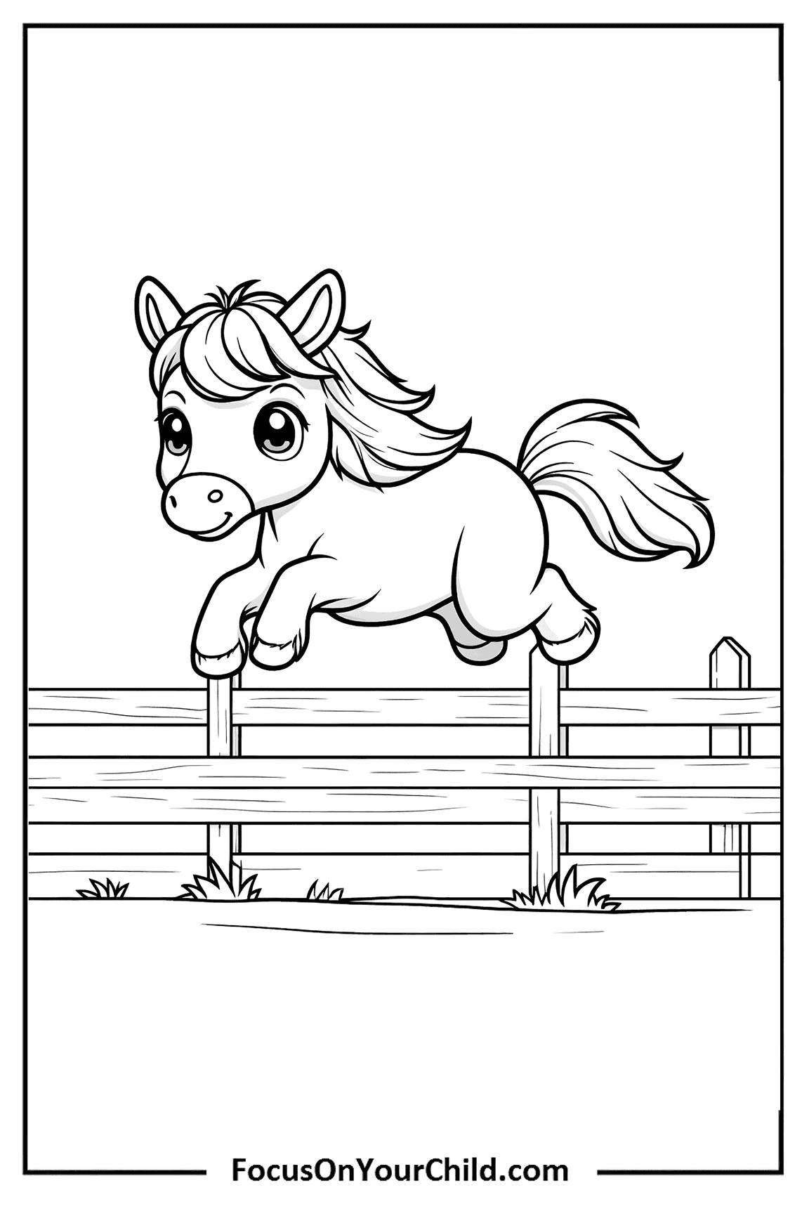 Charming cartoon pony jumping over wooden fence in playful illustration.
