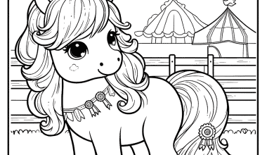 Charming pony standing in a festive farm setting with tents and decorations.