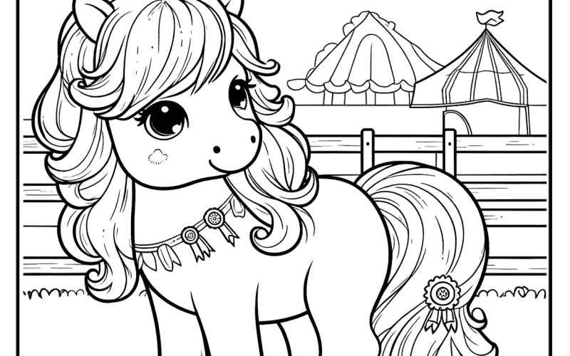 Charming pony standing in a festive farm setting with tents and decorations.