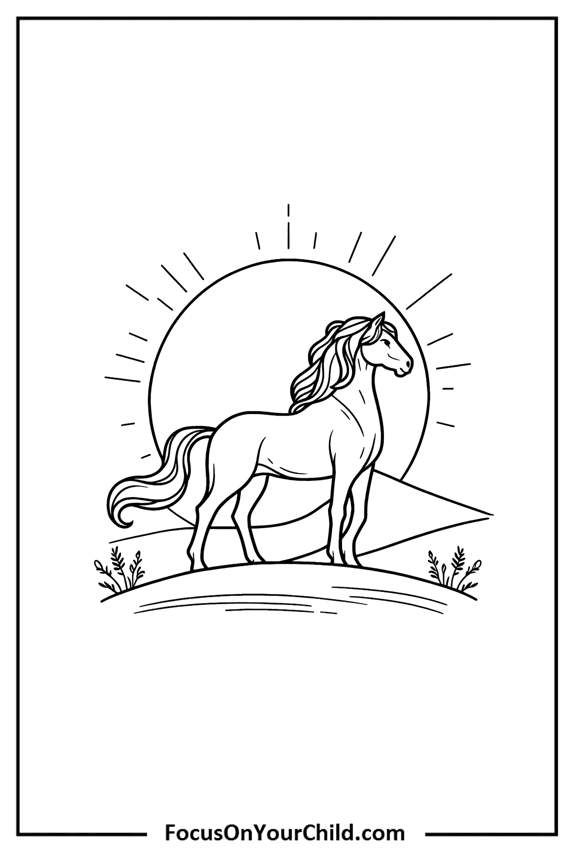 Majestic horse standing on hill with sun setting in background.