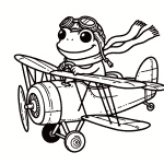 Adventurous frog pilot flying a vintage biplane in a charming cartoon illustration.