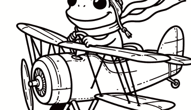 Adventurous frog pilot flying a vintage biplane in a charming cartoon illustration.
