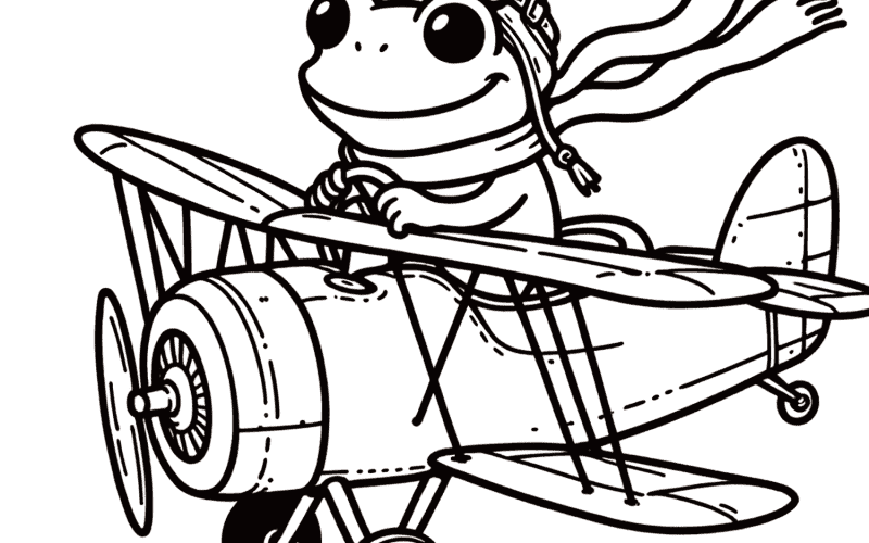 Adventurous frog pilot flying a vintage biplane in a charming cartoon illustration.