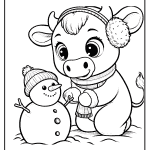 Charming winter scene with cow and snowman in snow.