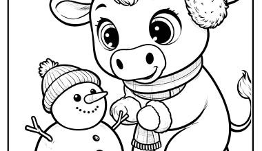 Charming winter scene with cow and snowman in snow.