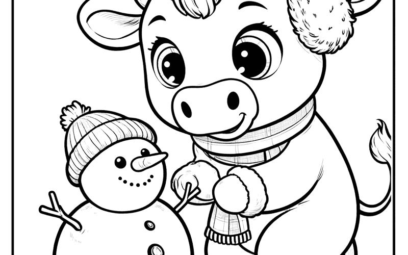 Charming winter scene with cow and snowman in snow.