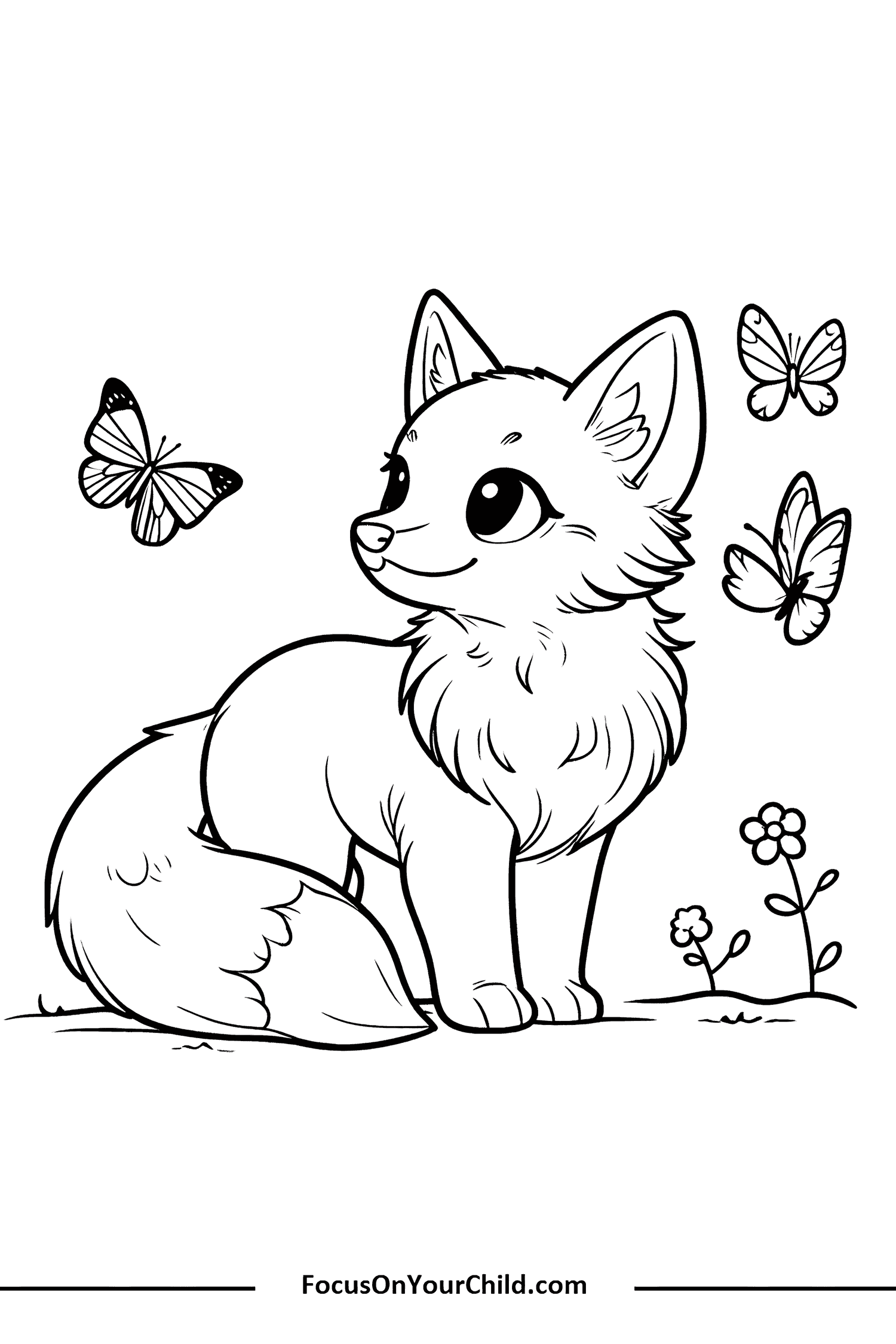 Adorable fox surrounded by butterflies and flowers, perfect for childrens activities and decor.