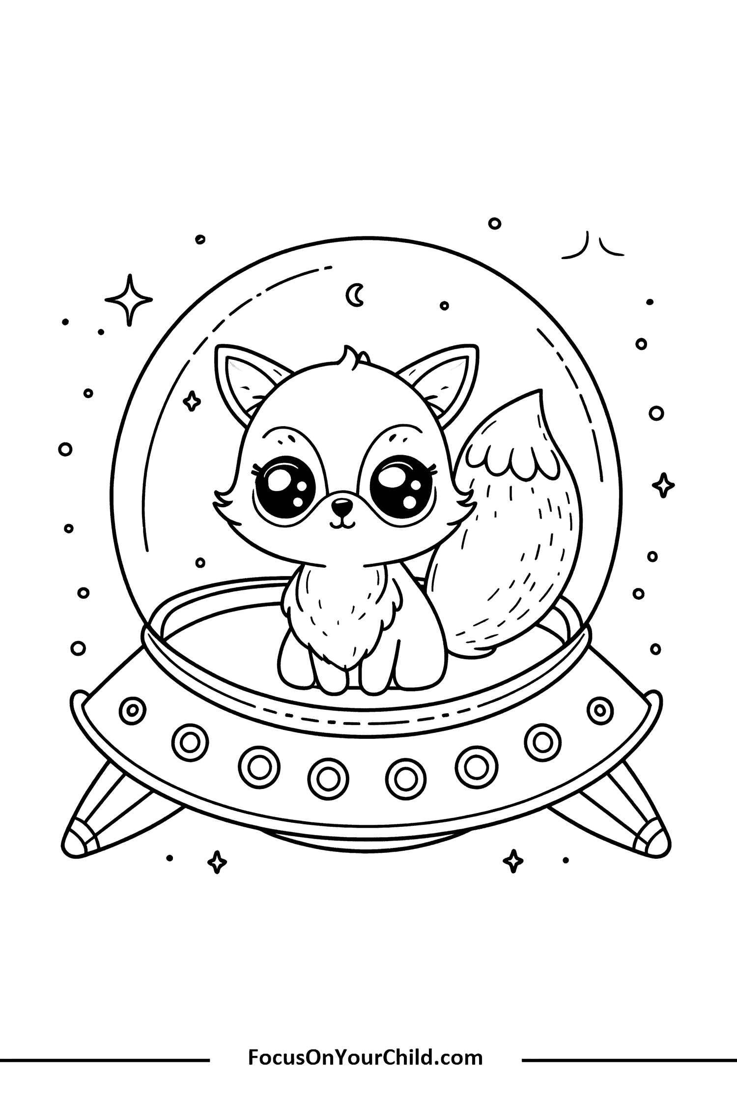 Adorable cartoon fox in flying saucer on space adventure.
