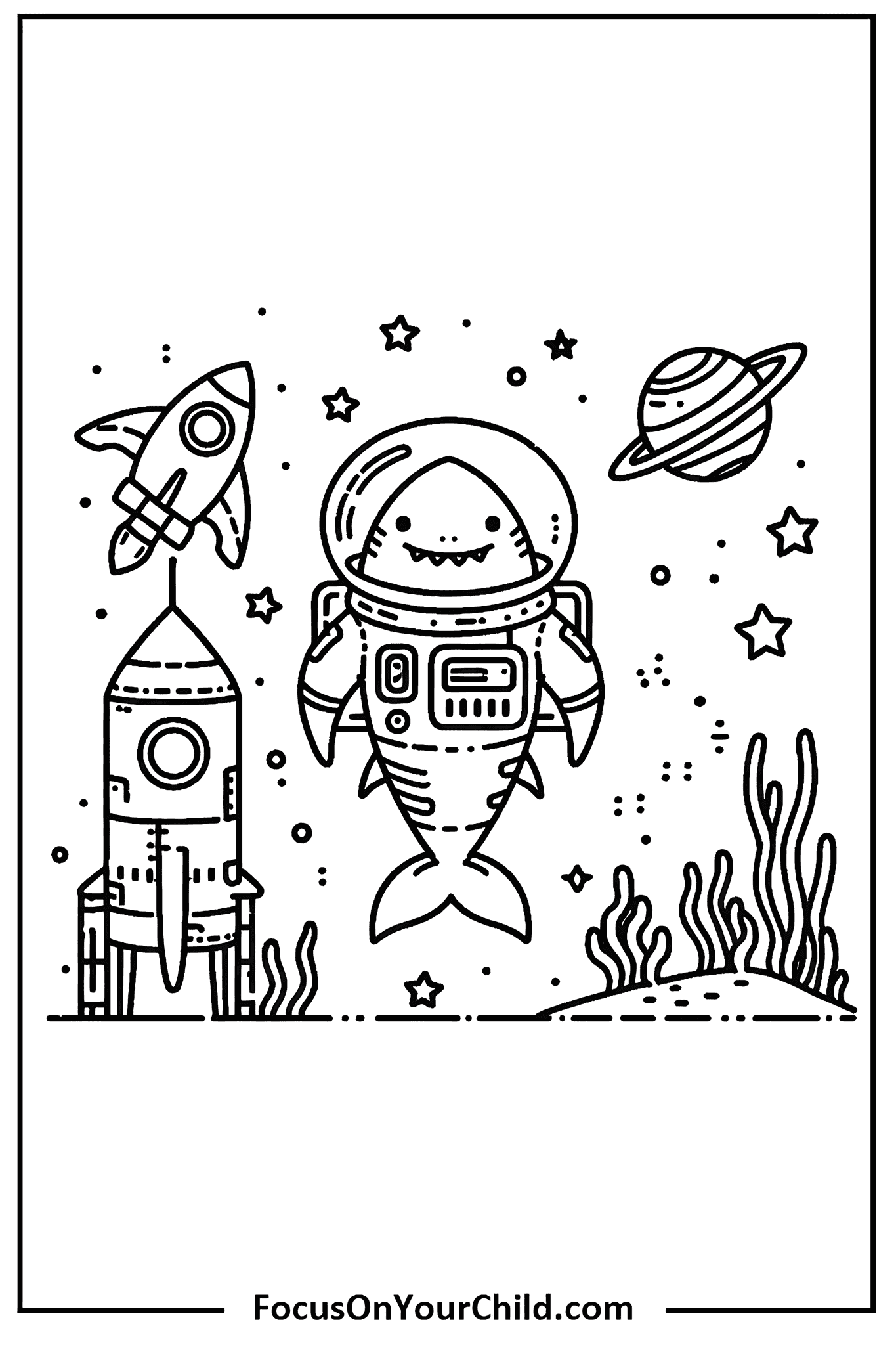 Whimsical astronaut shark on moon with rockets and planet in space.