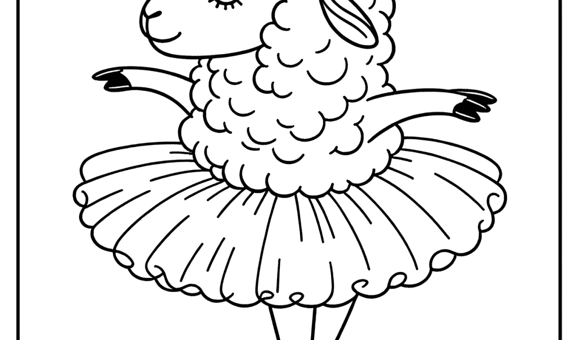 Ballerina sheep in tutu dancing gracefully, captured in detailed black and white line drawing.