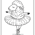 Ballerina sheep in tutu dancing gracefully, captured in detailed black and white line drawing.