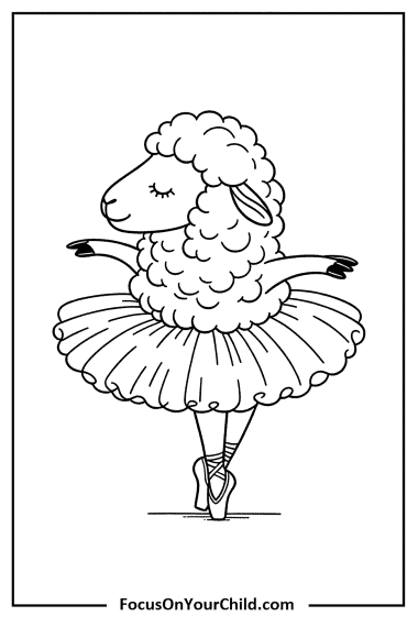 Ballerina sheep in tutu dancing gracefully, captured in detailed black and white line drawing.