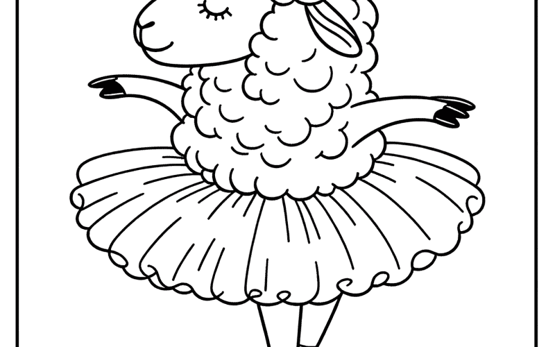 Ballerina sheep in tutu dancing gracefully, captured in detailed black and white line drawing.
