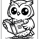 Cartoon owl reading book illustration for educational children’s website.