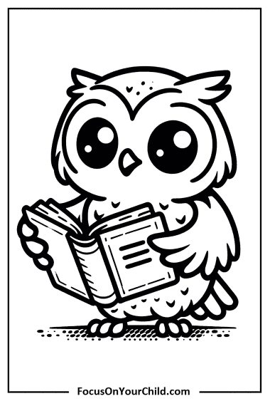 Cartoon owl reading book illustration for educational children’s website.