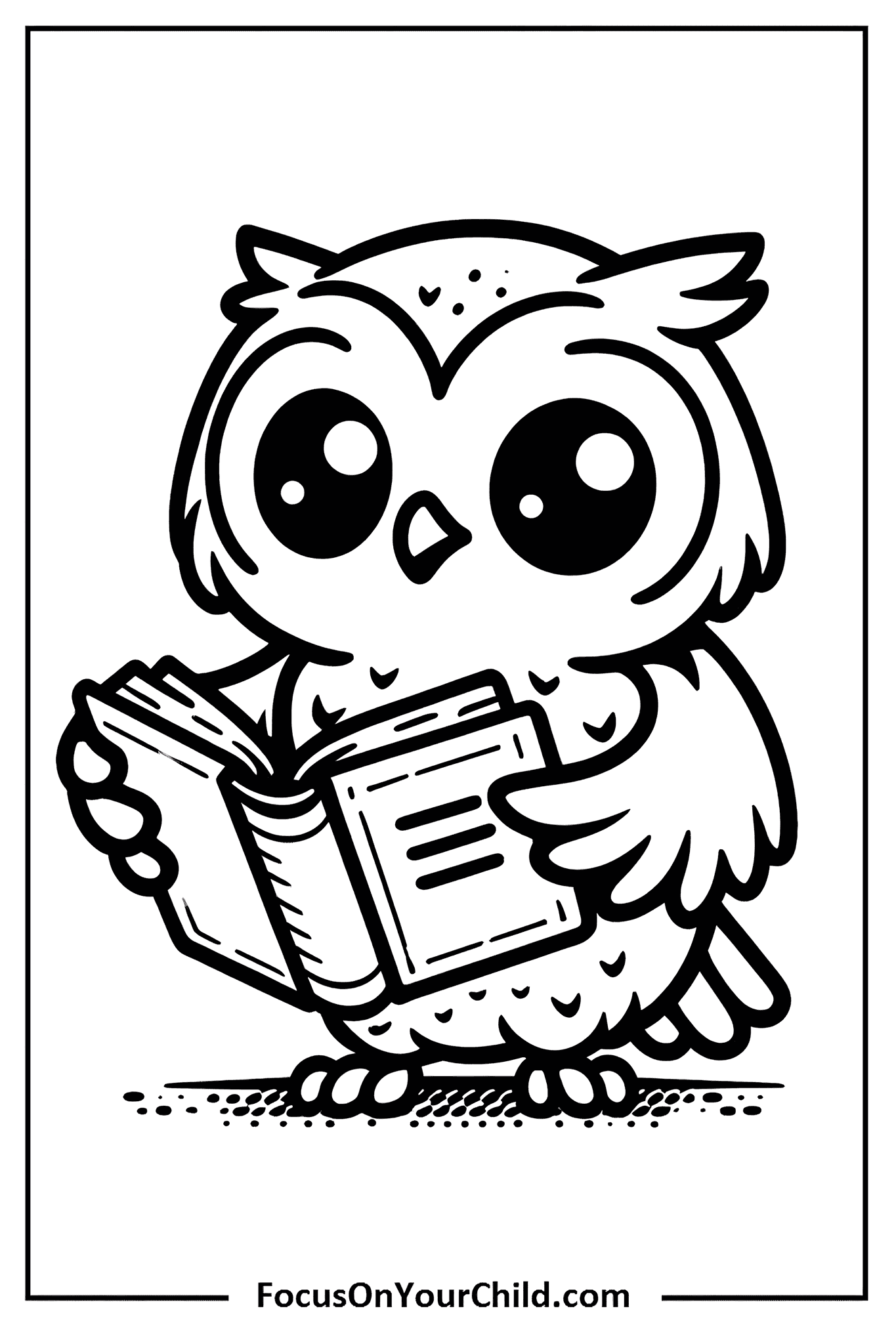 Cartoon owl reading book illustration for educational children’s website.