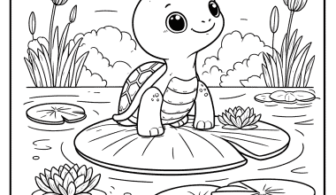Cheerful turtle resting on lily pad in serene pond with water lilies and plants.
