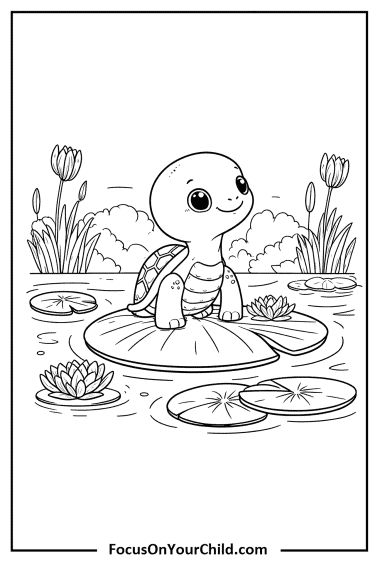 Cheerful turtle resting on lily pad in serene pond with water lilies and plants.