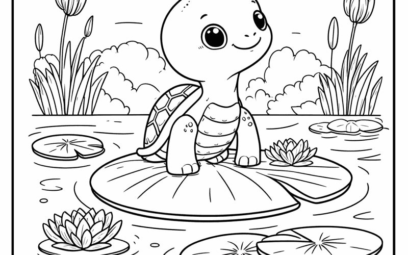 Cheerful turtle resting on lily pad in serene pond with water lilies and plants.