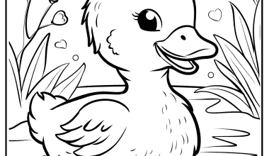 Cute duckling coloring page for children with nature elements by FocusOnYourChild.com.