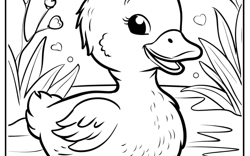 Cute duckling coloring page for children with nature elements by FocusOnYourChild.com.