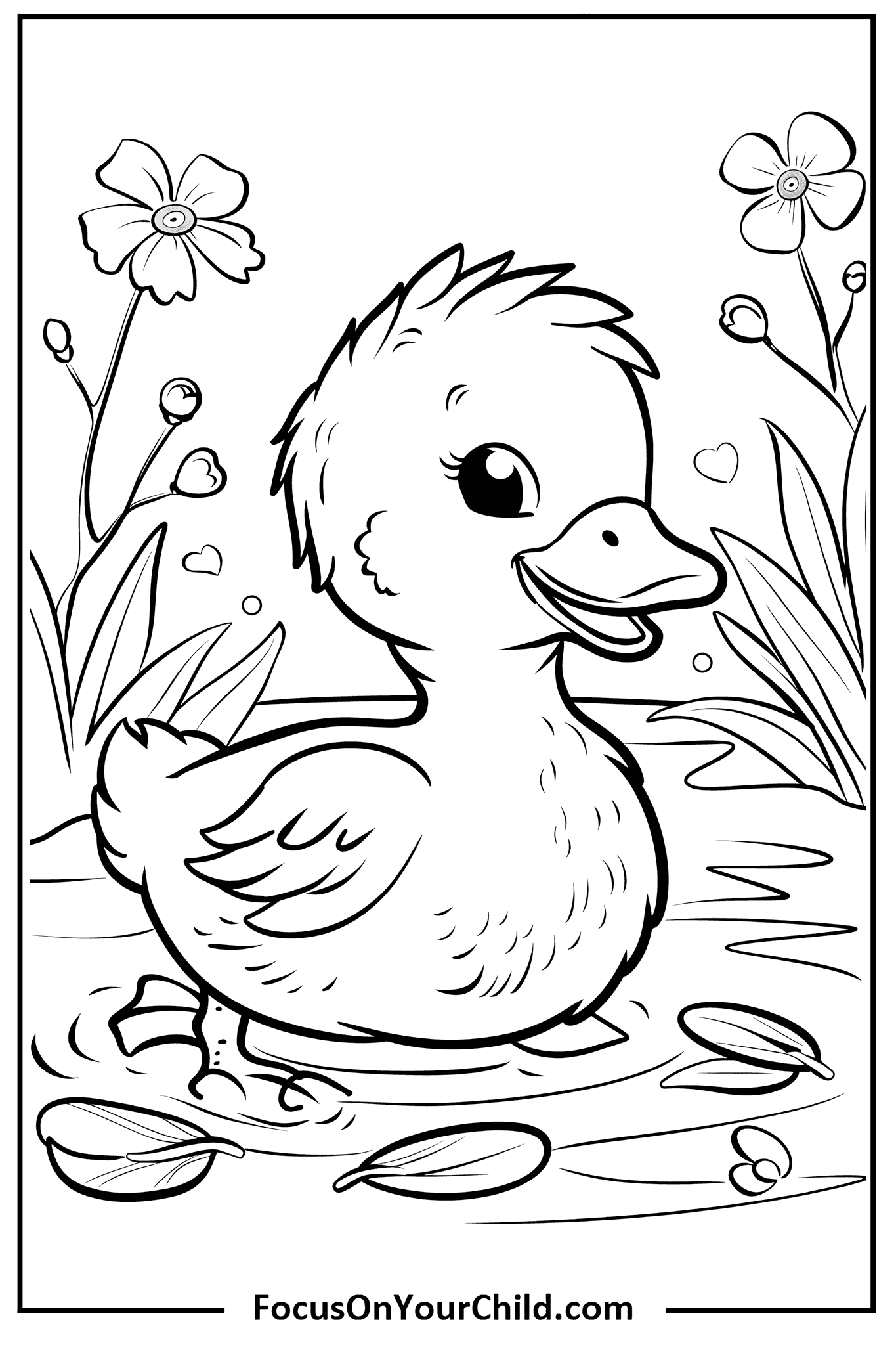 Cute duckling coloring page for children with nature elements by FocusOnYourChild.com.