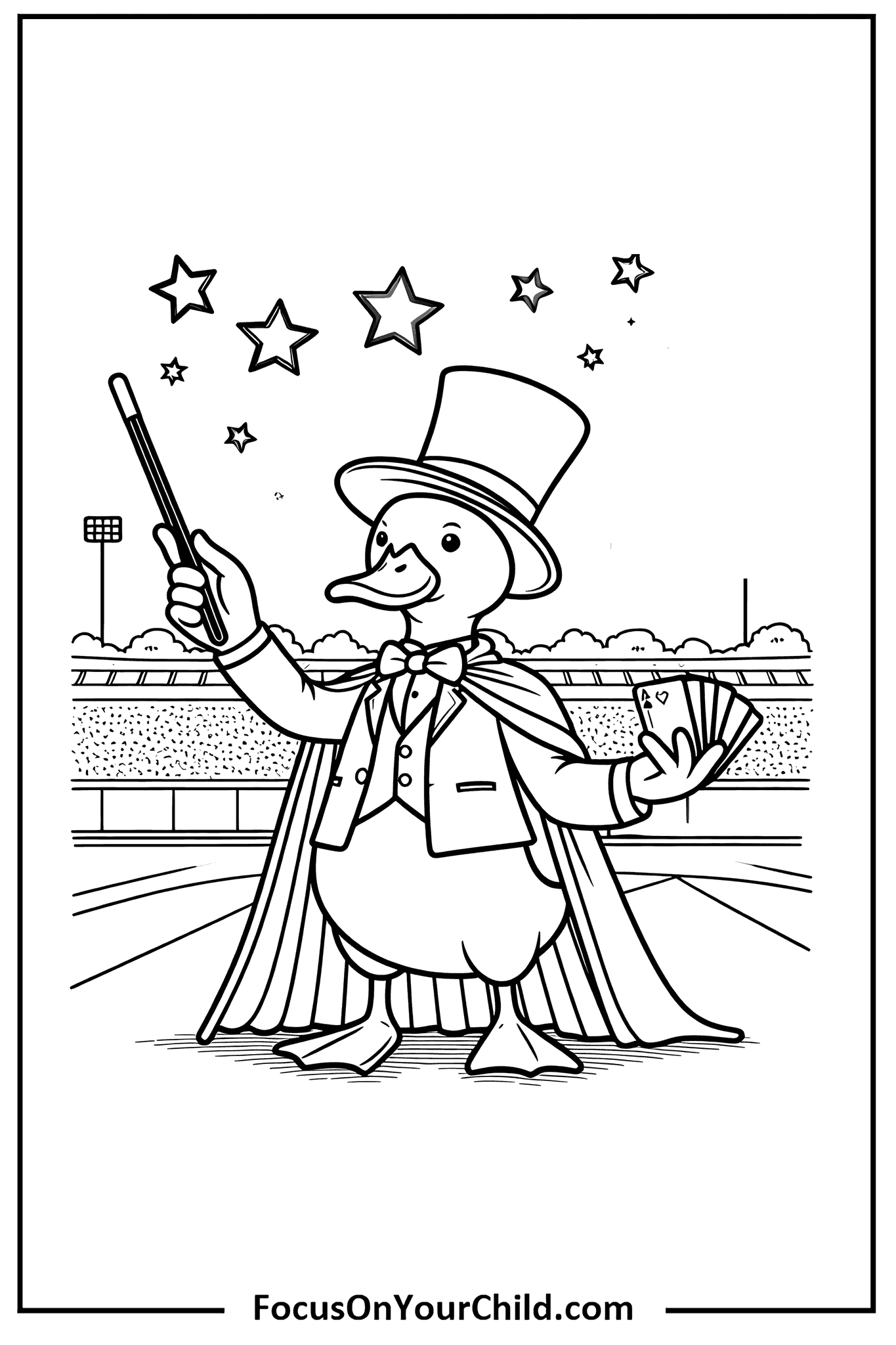 Magician duck performing magic trick with playing cards in stadium setting.
