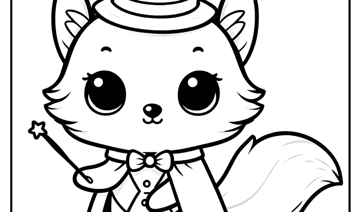 Adorable cartoon fox magician with wand, cape, and hat, perfect for childrens content.