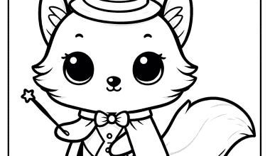 Adorable cartoon fox magician with wand, cape, and hat, perfect for childrens content.