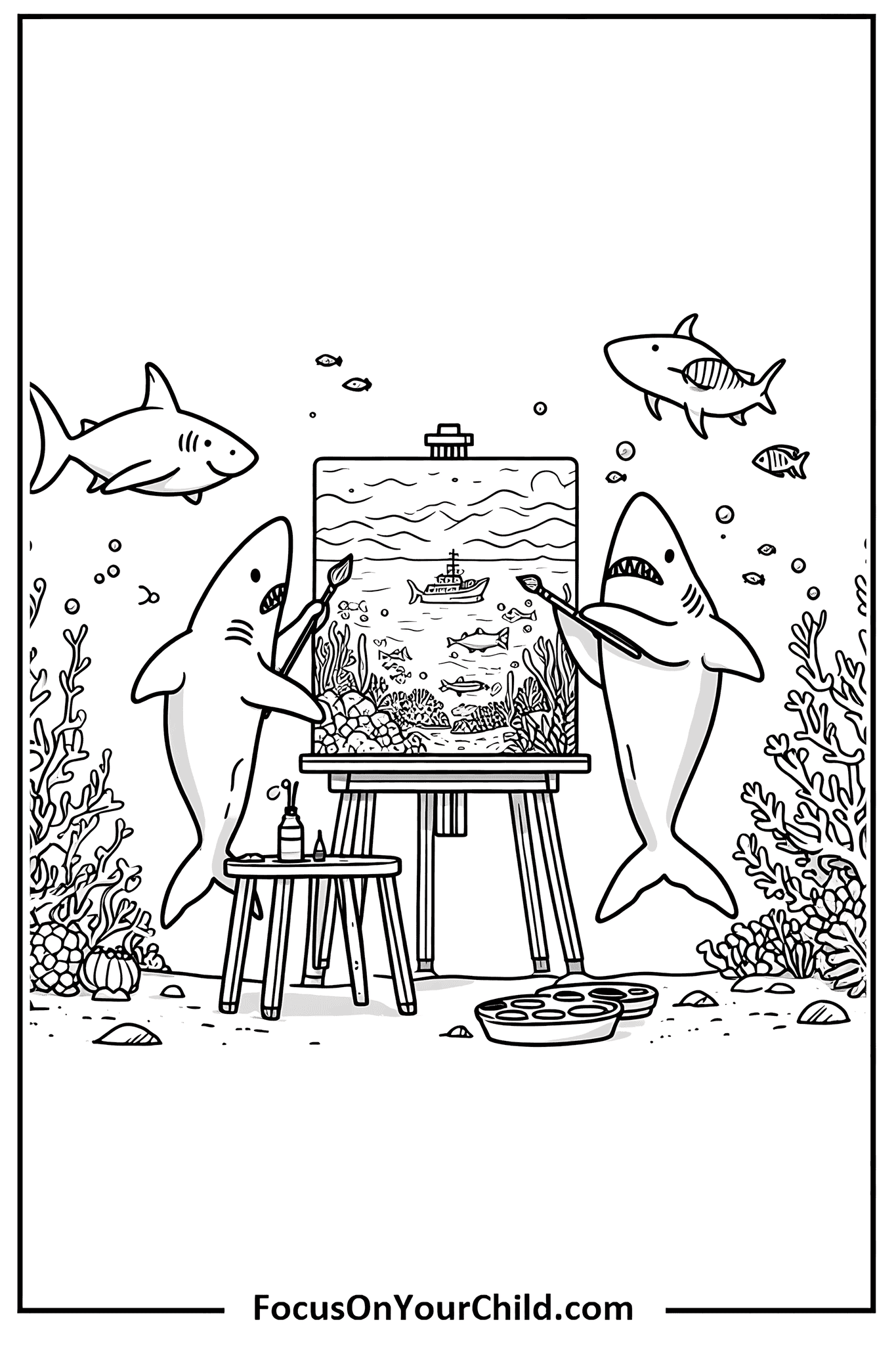 Whimsical black and white underwater scene with painting sharks, rocks, and marine plants.