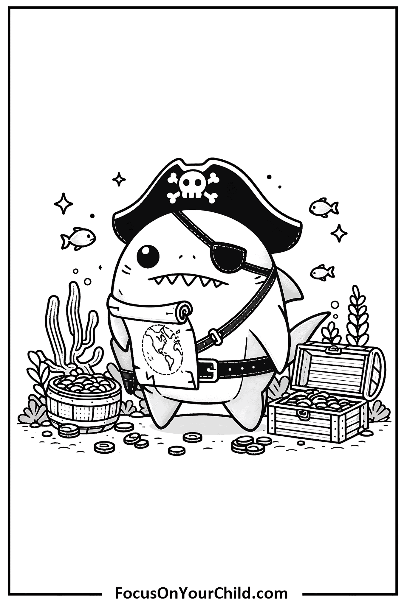 Pirate shark holding treasure map underwater for kids coloring activities.