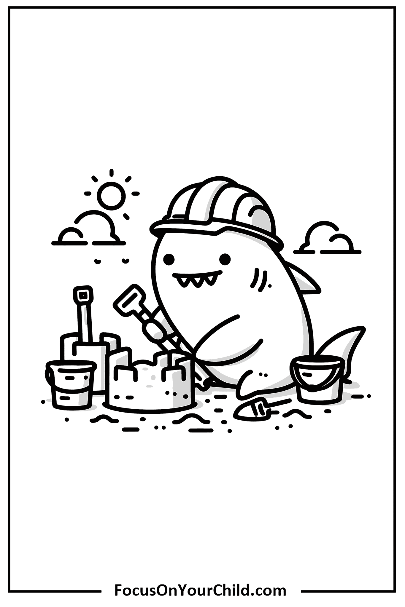 Playful shark building sandcastle on beach with sandcastle tools, under FocusOnYourChild.com caption.