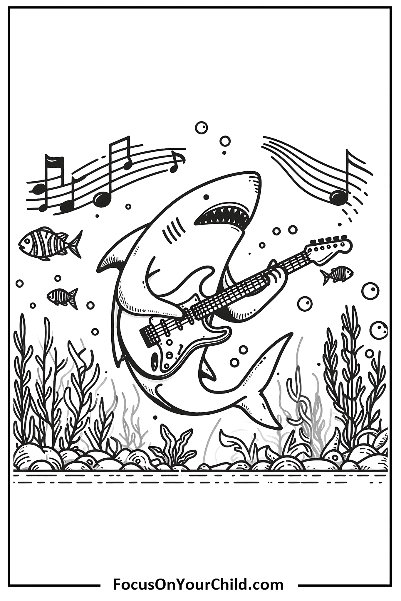 Playful shark playing guitar underwater in black-and-white illustration for childrens coloring book.