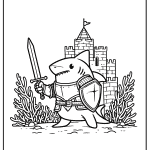 Whimsical shark knight in medieval armor, ready for battle in front of a castle.