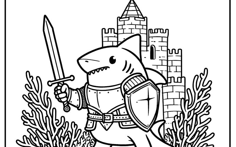 Whimsical shark knight in medieval armor, ready for battle in front of a castle.