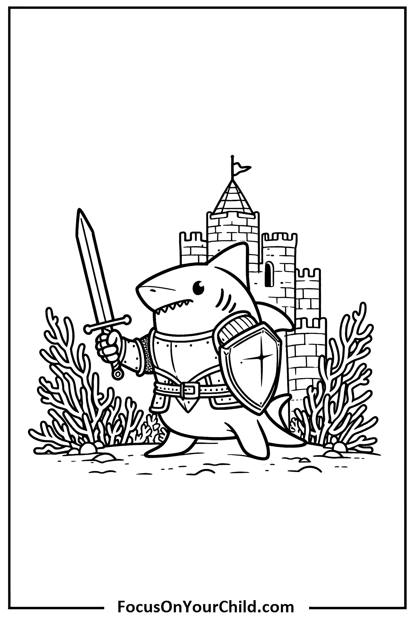 Whimsical shark knight in medieval armor, ready for battle in front of a castle.