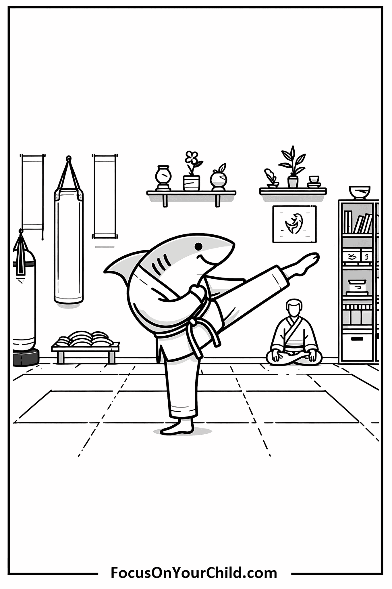Shark-headed martial arts instructor in a whimsical dojo setting.